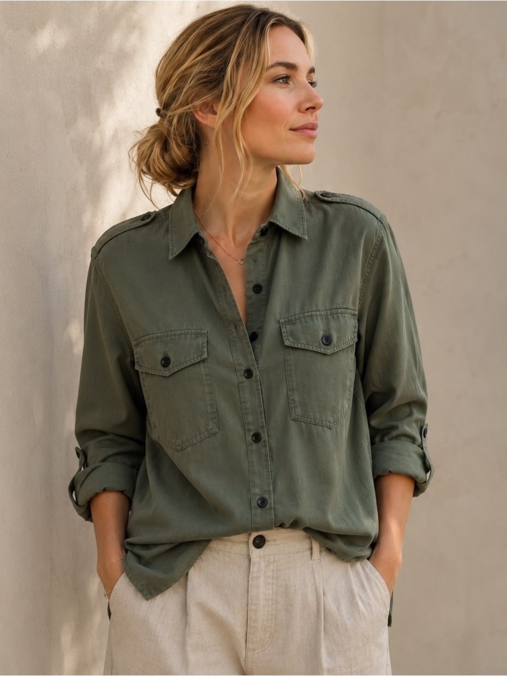 Zara Woman Premium Denim Collection Olive Green Utility Military Shirt Blouse S